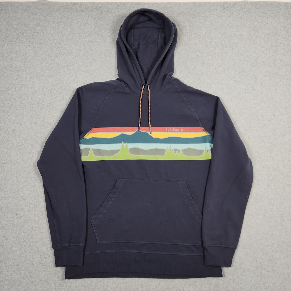 LL Bean Hoodie Mens M Blue Mountain Graphic Pullover 515599 Slightly Fitted